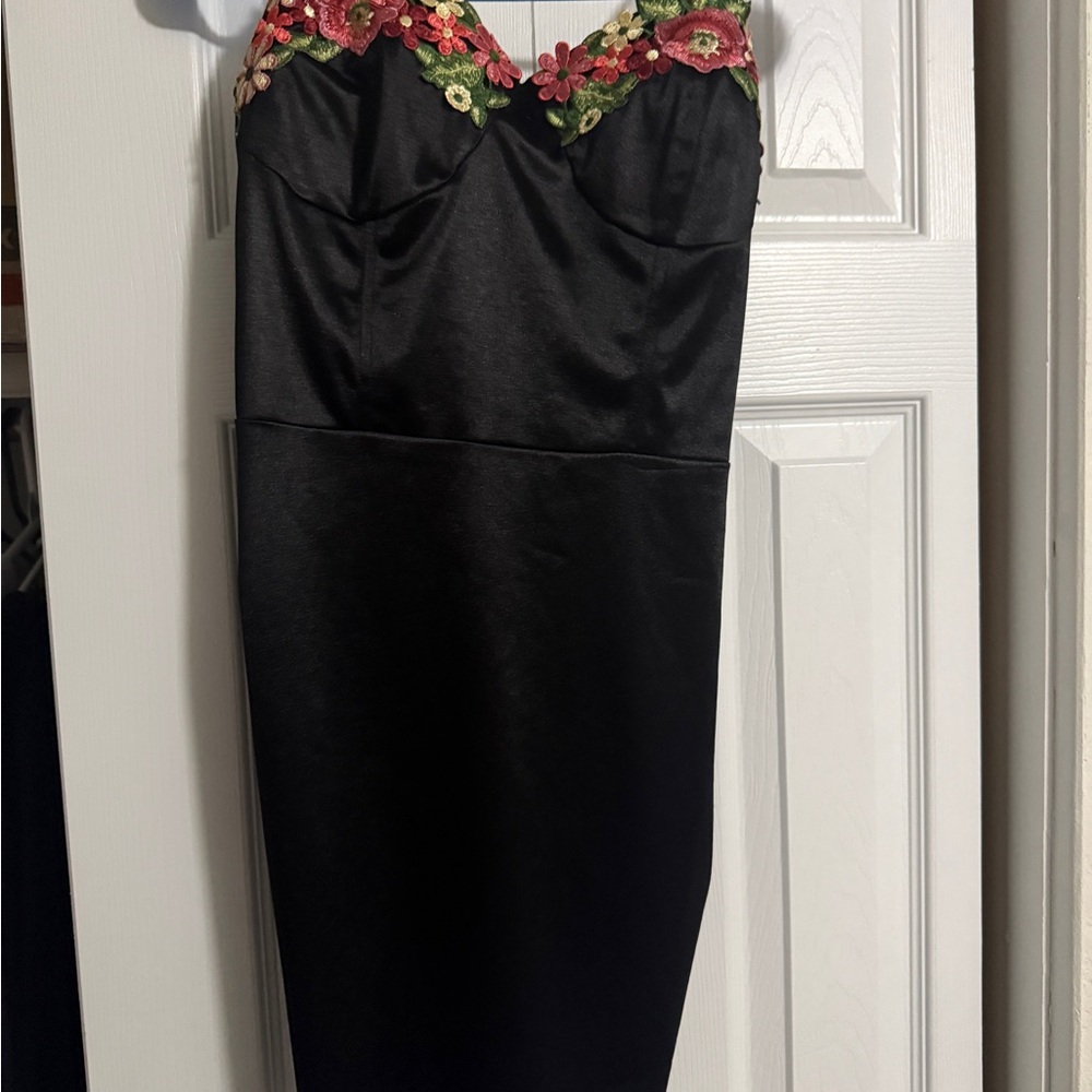 Speechless Black Dress with Red and Green Floral Accents